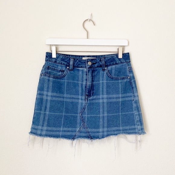 PacSun Plaid Frayed Denim Mini Skirt - Picture 5 of 8